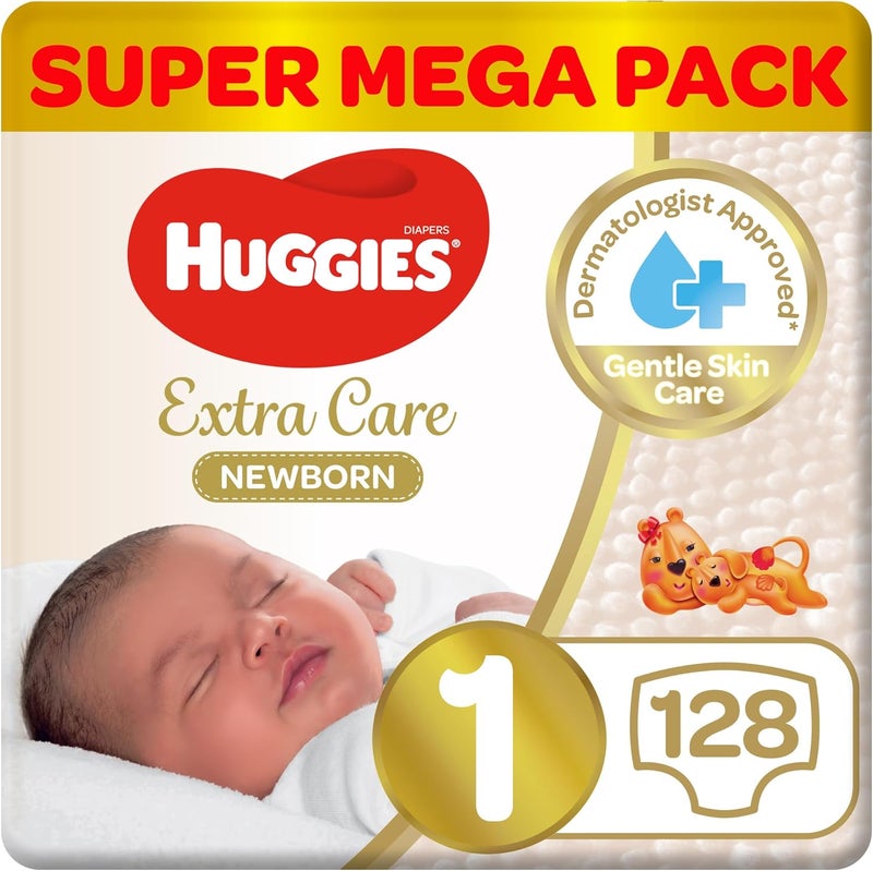 Huggies Extra Care Newborn, Size 1, Up to 5 kg, Twin Jumbo Pack, 128 Diapers - Image 1